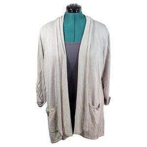 Philosophy Cardigan‎ Women 1X Beige Viscose Open Front Ruched Sleeve Classic